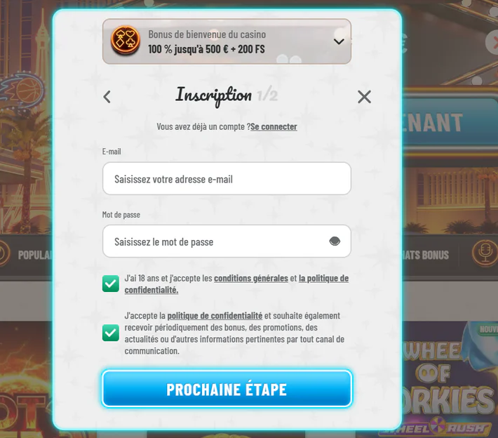 Formulaire d'inscription de Wyns Casino avec bonus de bienvenue de 100 % jusqu'à 500 € et 200 tours gratuits
