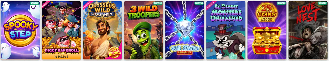 Jeux populaires de Wyns Casino, dont Spooky Step, Piggy Bankroll, Odysseus Wild Journey, 3 Wild Troopers, Chain Reaction, Le Bandit Monsters Unleashed, 25 Coins et Love Nest