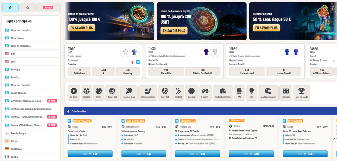Paris sportifs de Wyns Casino avec bonus de premier dépôt, offres crypto, matchs de football et de tennis, cotes boostées et paris en direct